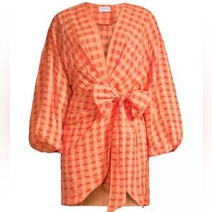 Orange Tie Front Puff Sleeve Mini Dress